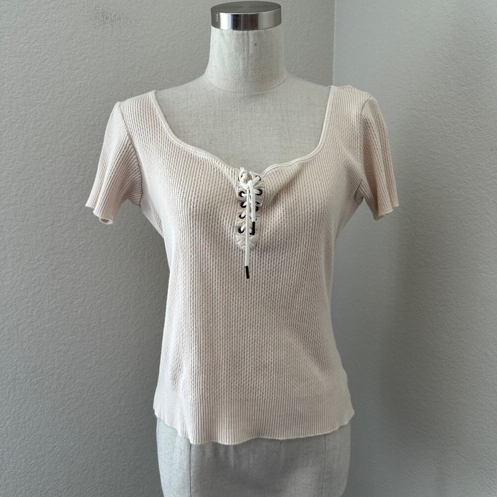 Ralph Lauren RRL Vintage Americana Lace Up Blouse Knit Short Sleeve Cream XL